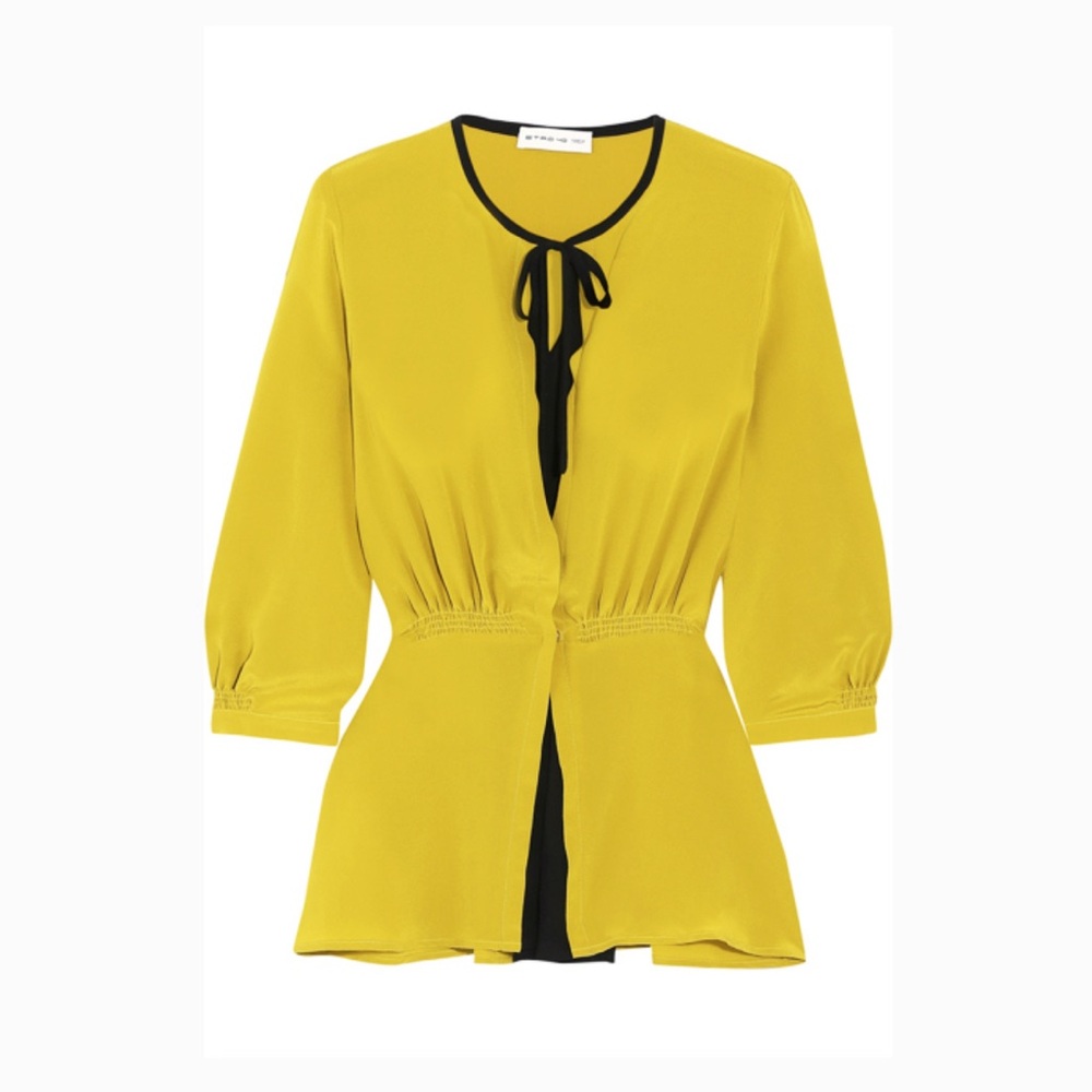 ETRO Yellow Washed Silk Tie Neck 3/4 Sleeve Cinch Waist Peplum Blouse xsmall